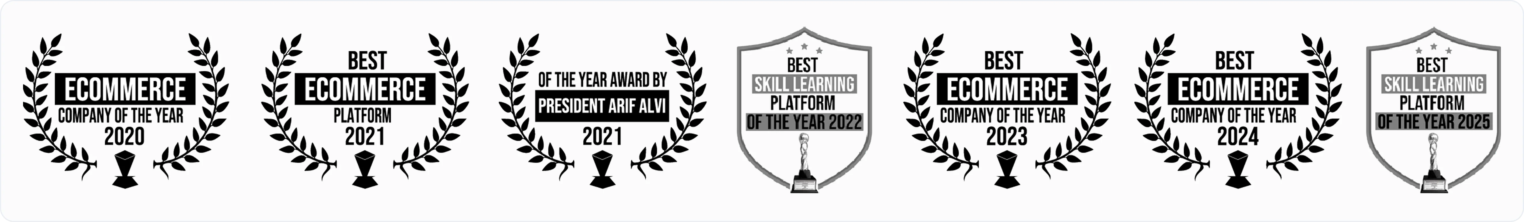 Seven Enablers awards: eCommerce Company 2020, eCommerce Platform 2021, President Arif Alvi Award 2021, Skill Learning Platform 2022, eCommerce Company 2023 and 2024, and Skill Learning Platform 2025
